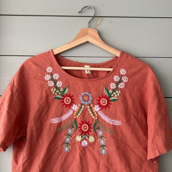 Rust Linen Boho Embroidered Blouse – Fits Like Medium - Picture 2 of 6